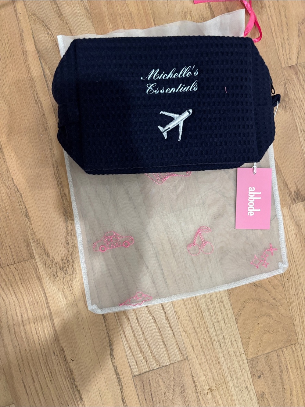Abode Navy Embroidered 'Michelle's Essentials' Travel Cosmetic Pouch